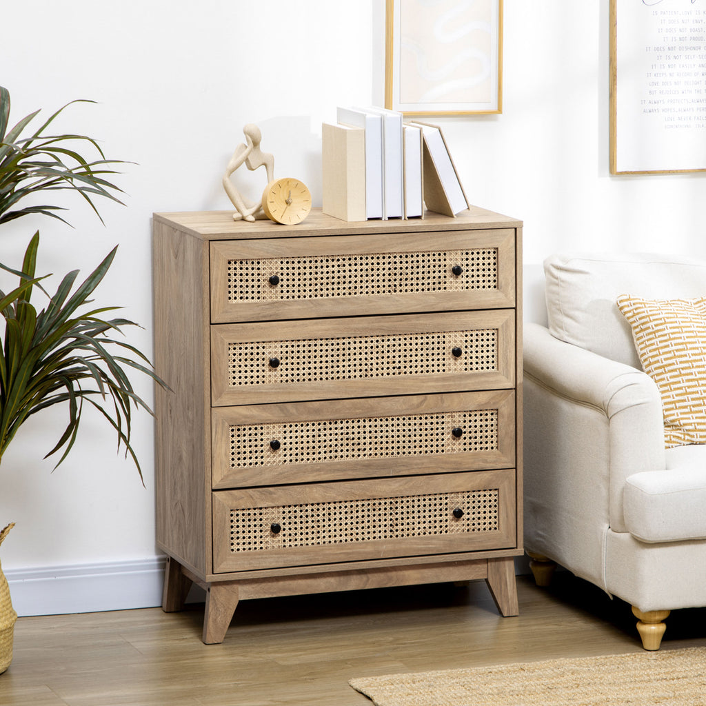Commode 4 tiroirs meuble de rangement cannage en rotin aspect bois clair 80 x 35 x 95 cm-9