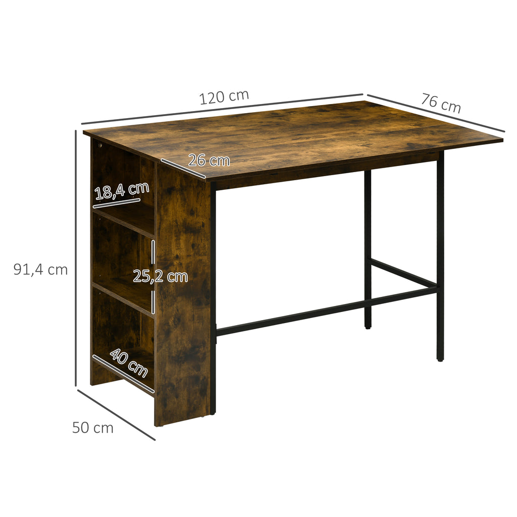 Ilot centra table de bar plateau latéral  rabattable et 3 étagères 120 x 76 x 91,4 cm Brun Rustique-2