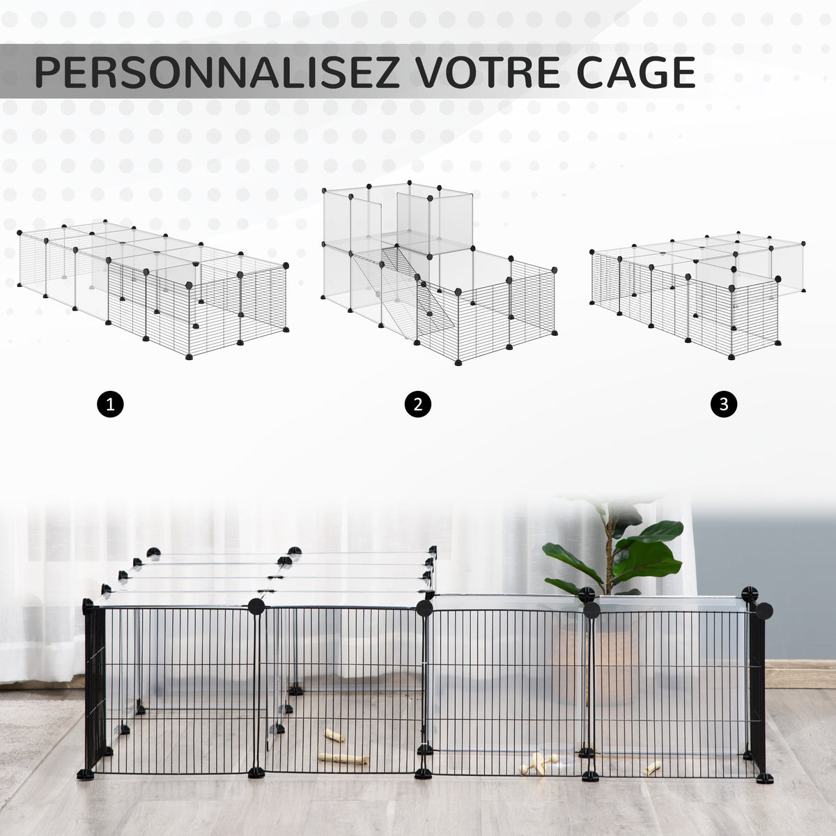 Enclos pour petits animaux design DIY cage modulable pour cochon d'Inde lapin chinchillas petits animaux domestiques 27 panneaux noir-3