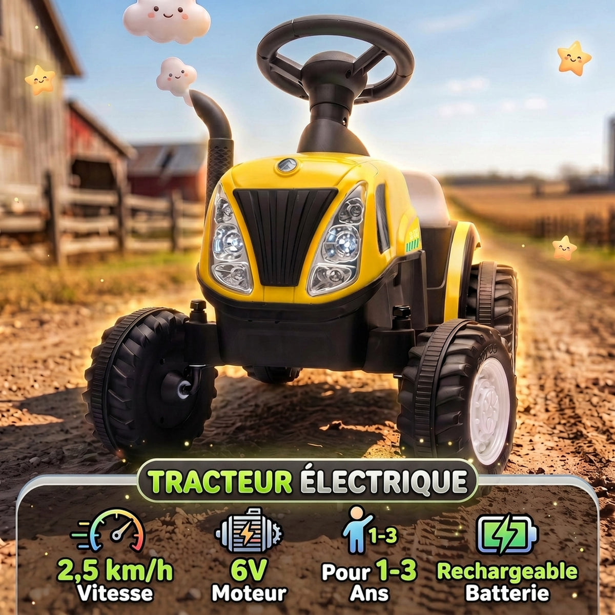 Tracteur Électrique Enfants 6 V avec Remorque Amovible, Voiture Électrique Enfants, Batterie au Lithium, 1-3 ans, Jaune-3