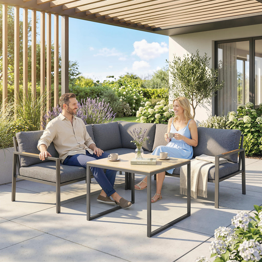 Salon de Jardin Extérieur 3 Pièces 5 Personnes, 2 Canapés avec Coussins Épais, 1 Table Basse, 183x183x72cm, Gris Foncé-8