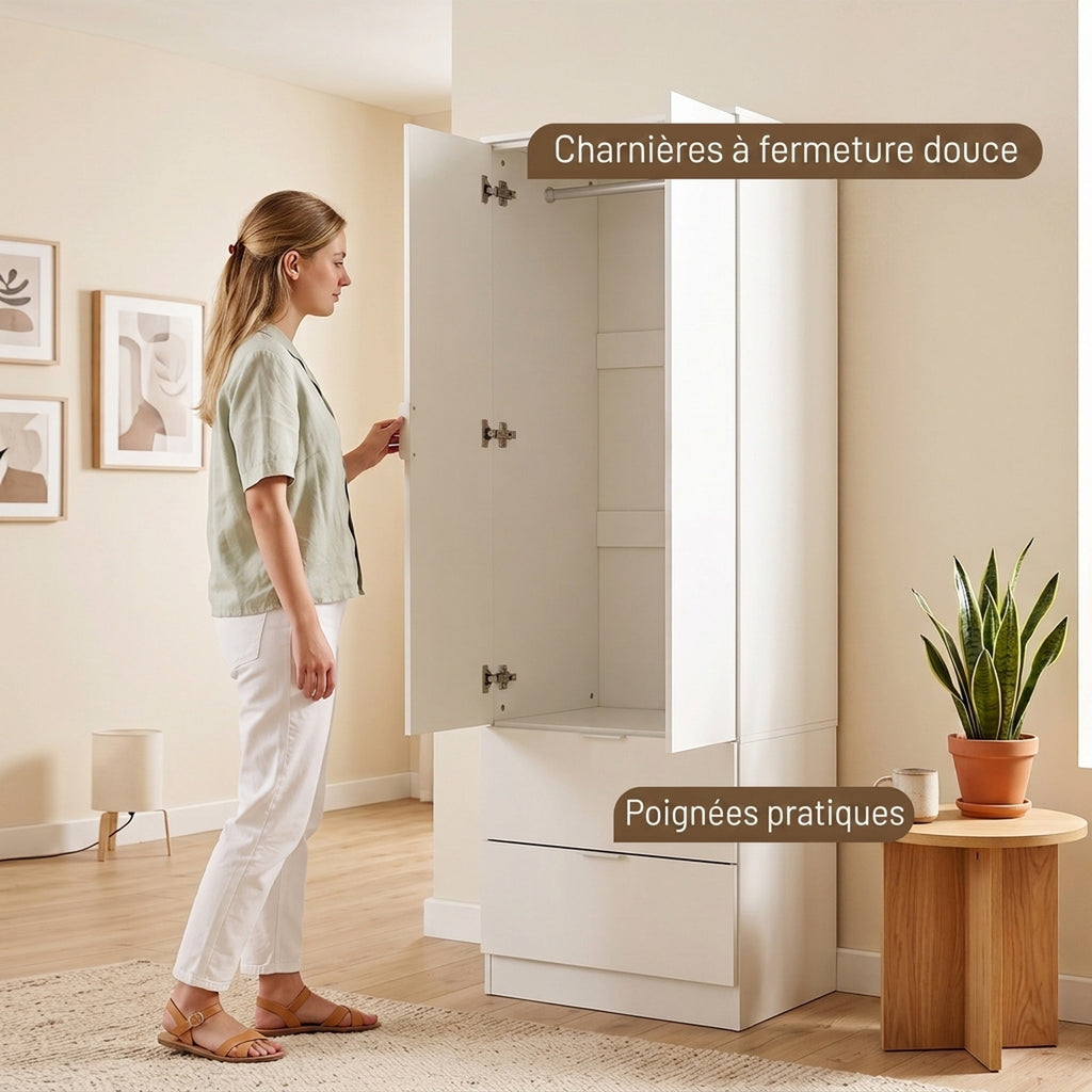 Armoire Chambre Penderie avec 2 Tiroirs, 2 Portes à Fermeture Douce et Barre de Suspension, 60 x 47 x 180 cm, Blanc-5