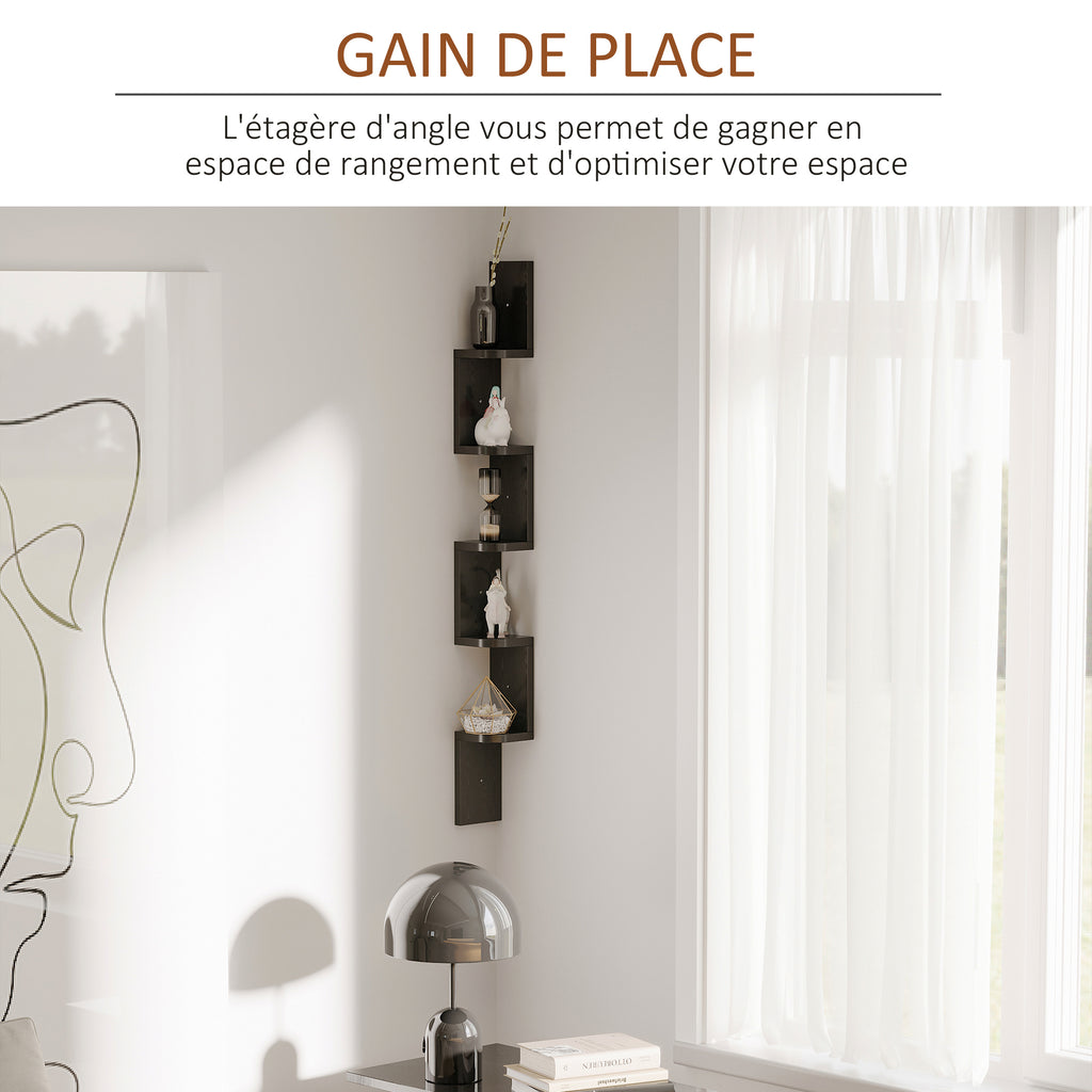 Étagère d'angle Murale à 5 Niveaux Hauteur 120 cm Forme de Zigzag en Bois Noire-3