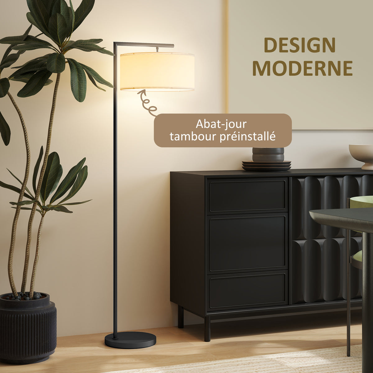 Lampadaire lampe à pied abat-jour en tissu de lin base ronde stable 47 x 37 x 153 cm noir et blanc-3