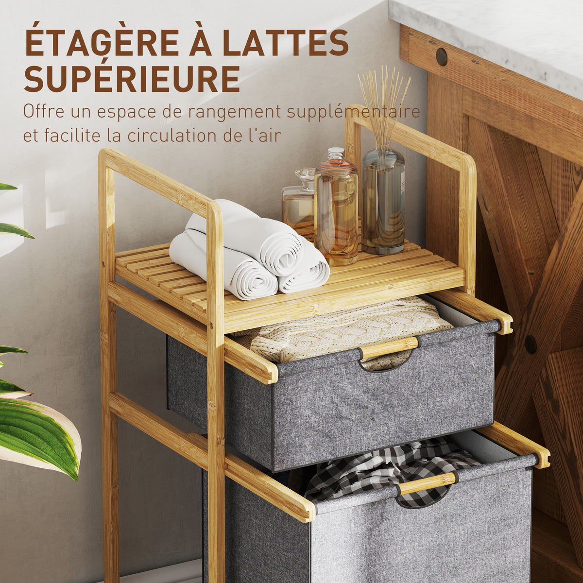Panier à linge en bambou corbeille à linge sale avec 2 sacs en tissu coulissants et étagère à lattes, naturel-4