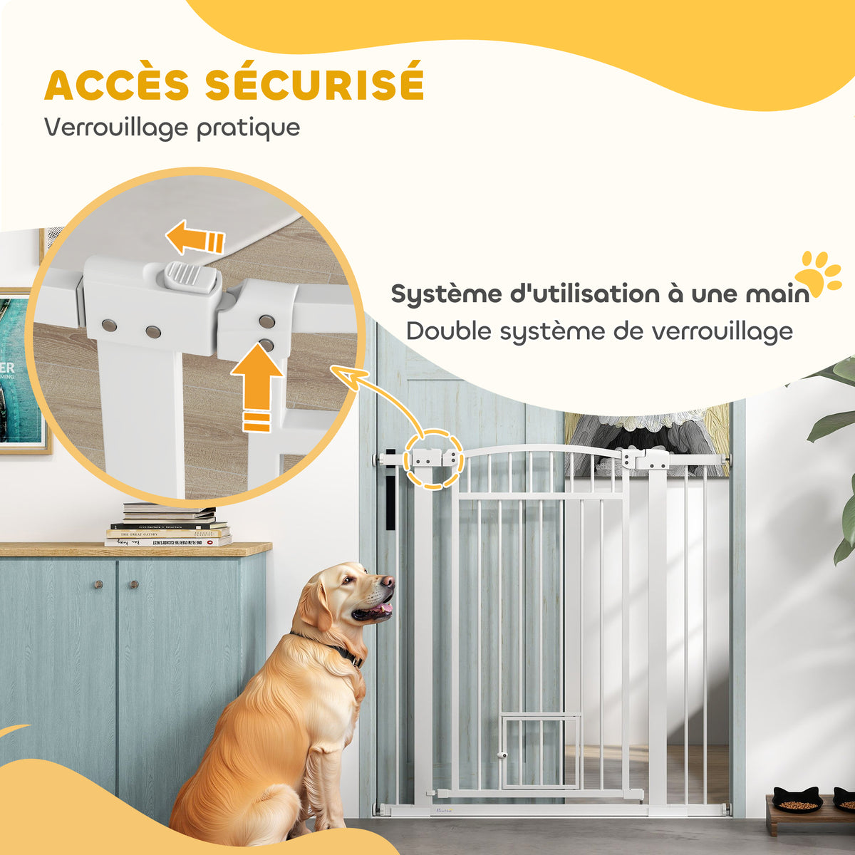 Barrière pour chien, largeur ajustable 76-102cm, barrière extra large avec porte pour chat, blanc-5