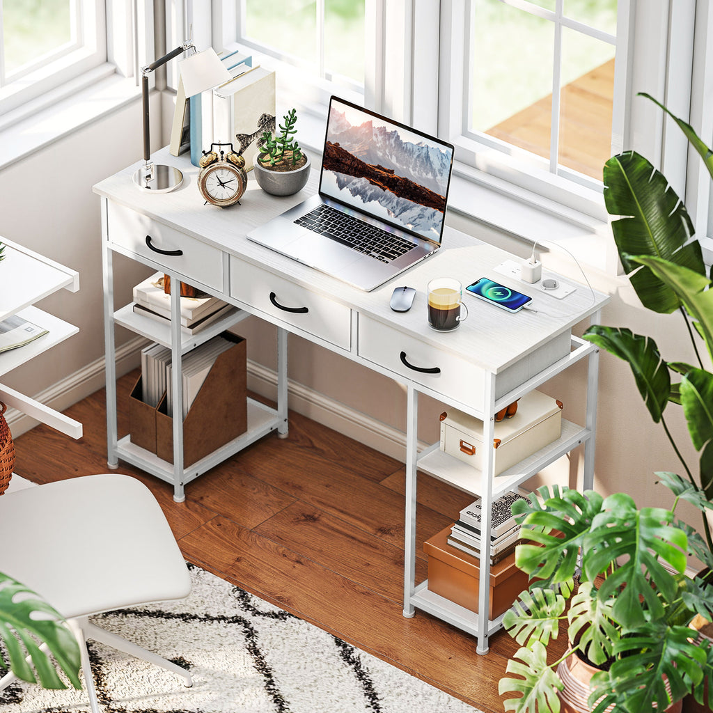 Bureau avec rangement avec prises de courant, 3 tiroirs en tissu et 4 étagères de rangement, 120 x 40 x 76 cm, blanc-1