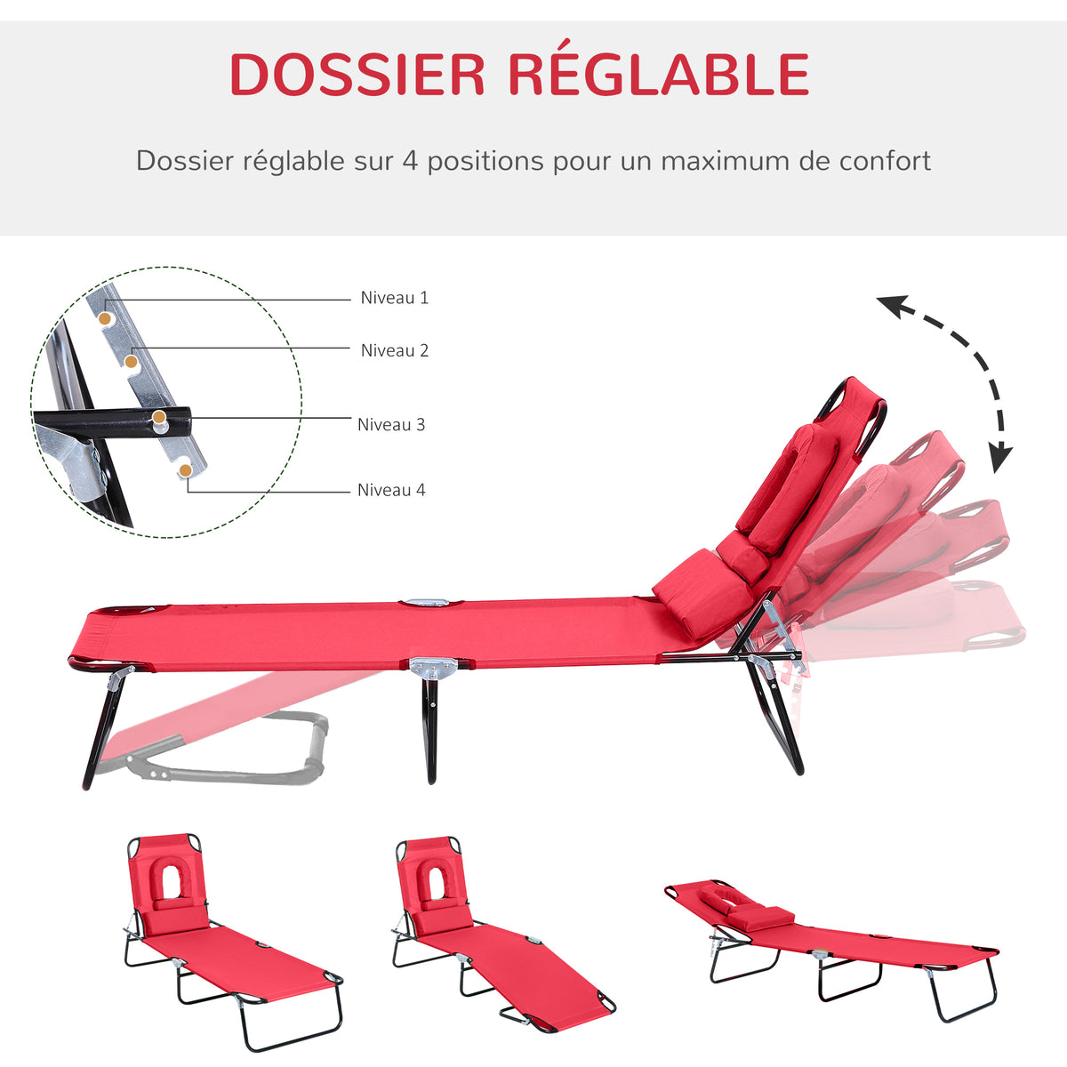 Bain de Soleil Pliable transat inclinable 4 Positions Chaise Longue 3 Coussins fournis Rouge-3