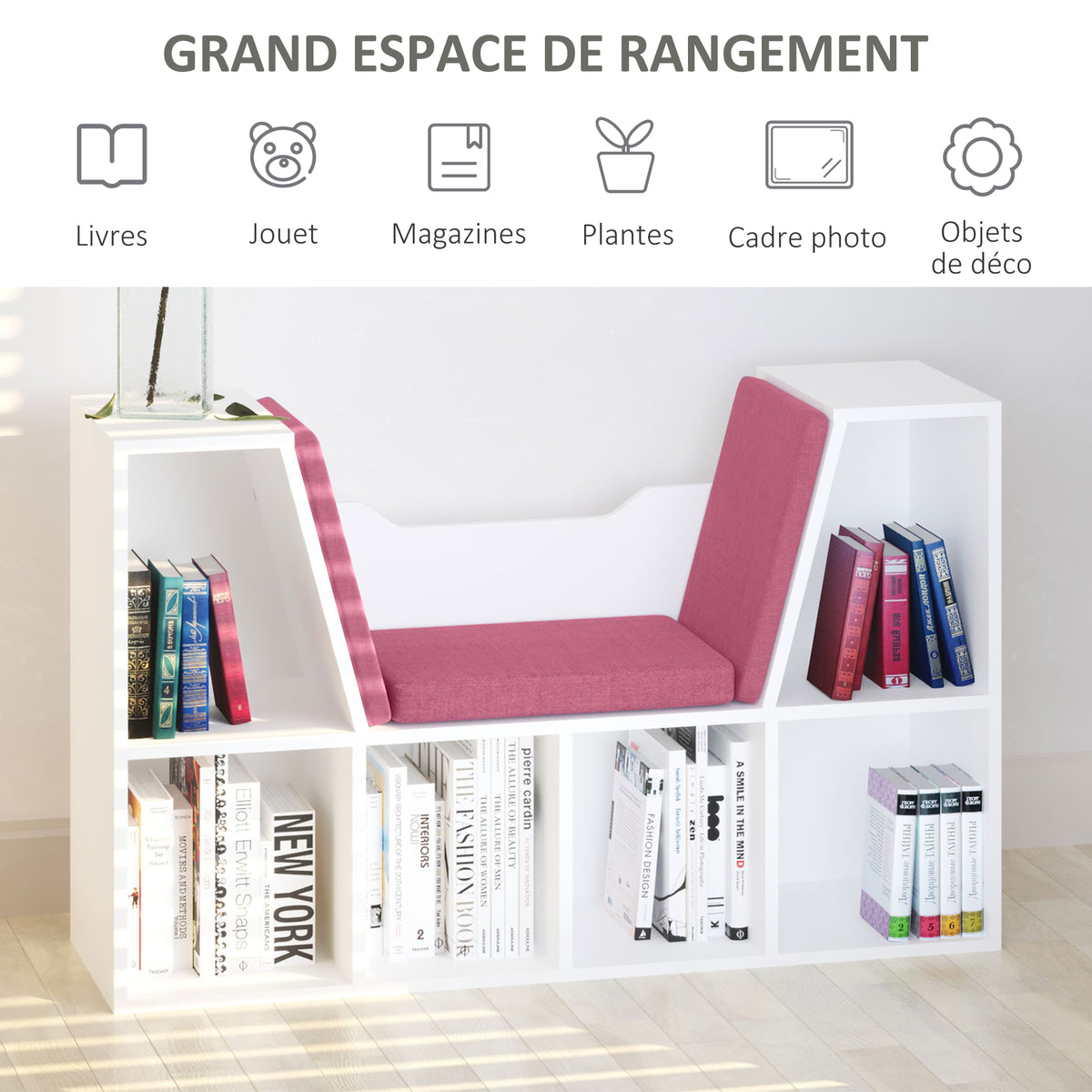 Bibliothèque banc 2 en 1 avec coussins de siège, étagère cube 6 compartiments ouverts et 2 niveaux, meuble de-3