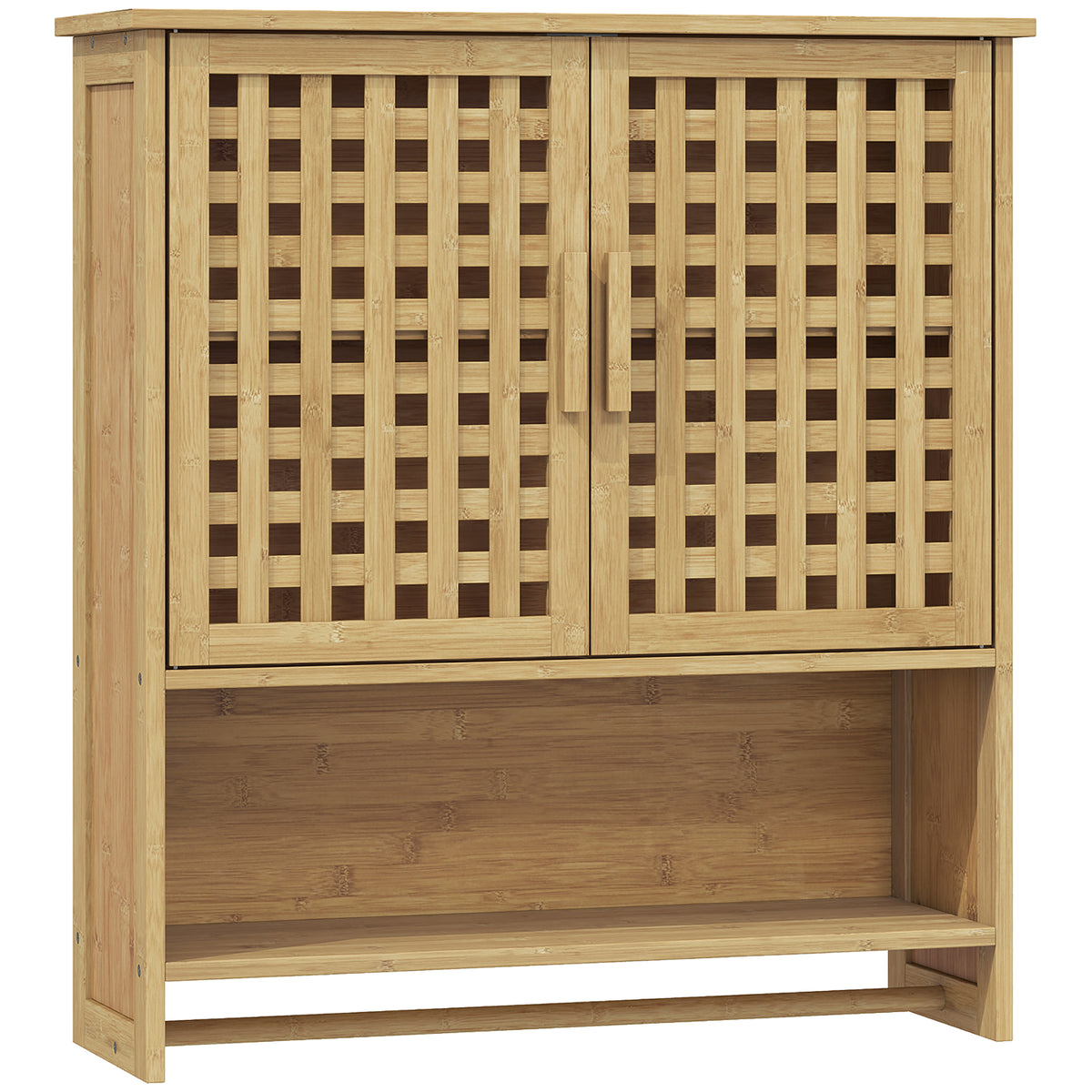 Armoire murale de salle de bain en bambou avec 2 portes ajourées, compartiment ouvert et étagère réglable, bois naturel-0