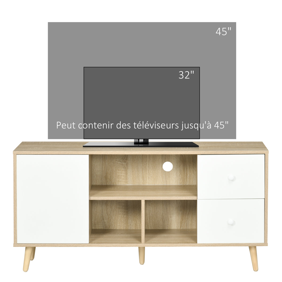 Meuble TV pour télévision jusqu'à 45 pouces pieds en bois massif style scandinave 3 niches 1 placard 120 x 30 x 60 cm-5