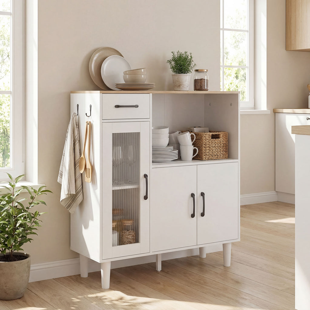 Buffet cuisine, meuble de rangement avec tiroir, 3 portes dont 1 en acrylique cannelée, étagère ouverte, blanc et chêne-8