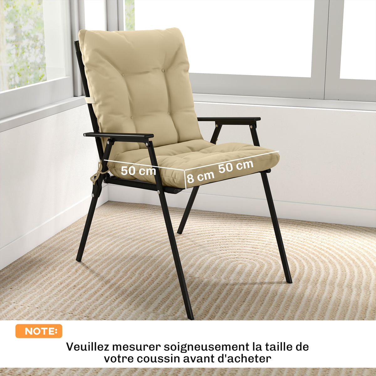 Lot de 2 coussins de chaise d'extérieur, coussins de jardin avec attaches, intérieur et extérieur, 120 x 50 x 8 cm, beige-2