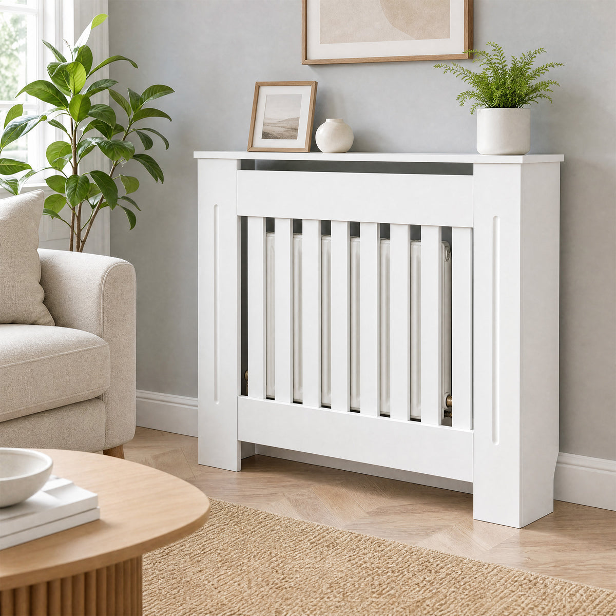 Cache-radiateur couverture radiateur grille d'aération verticale à lattes 78L x 19l x 81H cm en bois Blanc-1