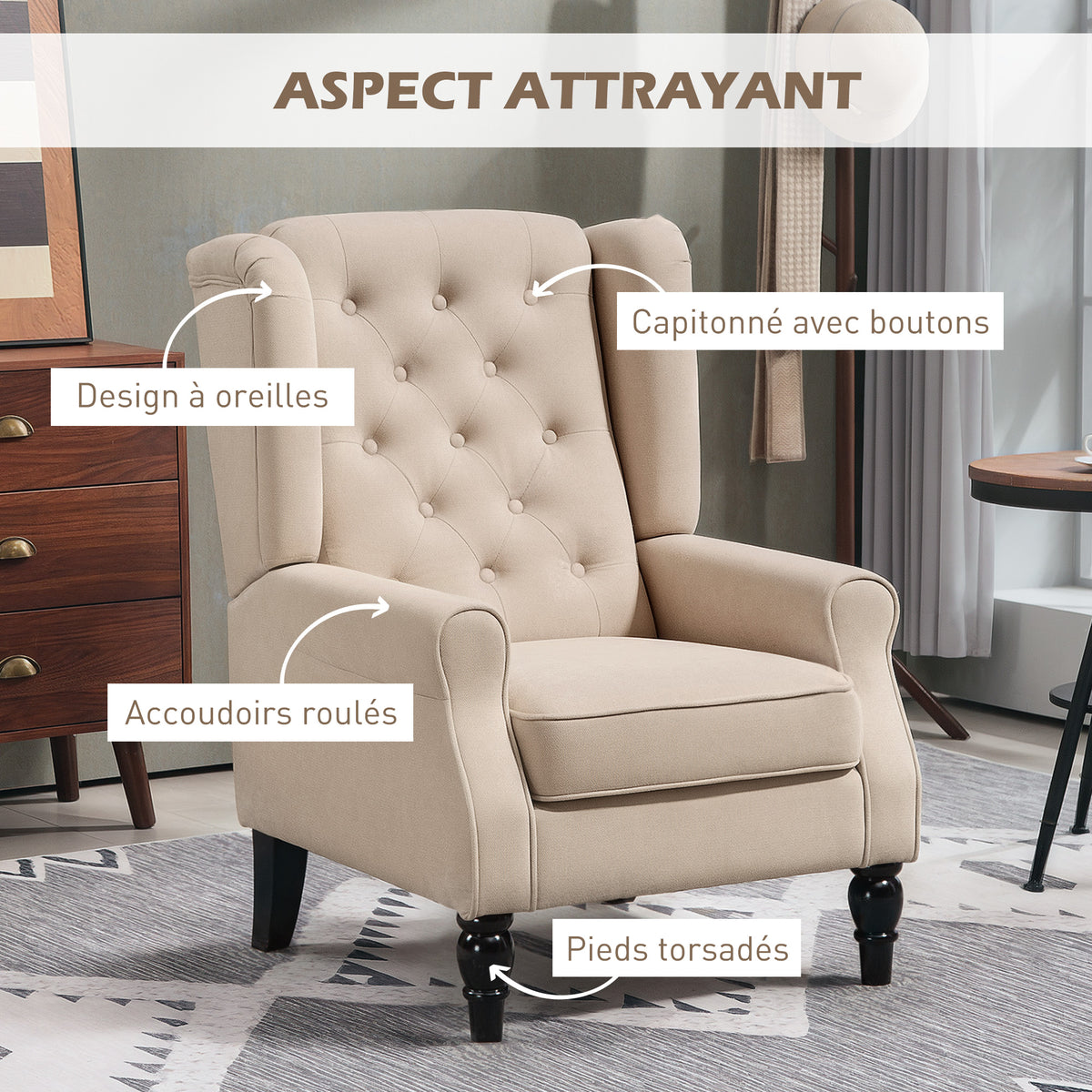 Fauteuil de salon capitonné avec assise large, pieds en bois, style classique, grand confort, 74 x 86 x 102 cm, beige-3