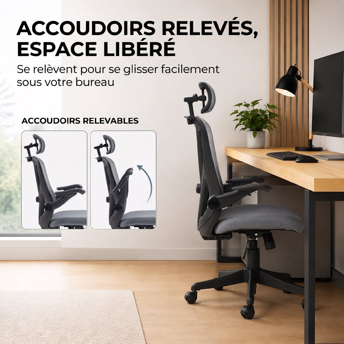 Chaise Bureau Ergonomique avec Accoudoirs 3D et Appui-Tête 2D, Fauteuil de Bureau en Maille, Support Dorsal, Gris-4