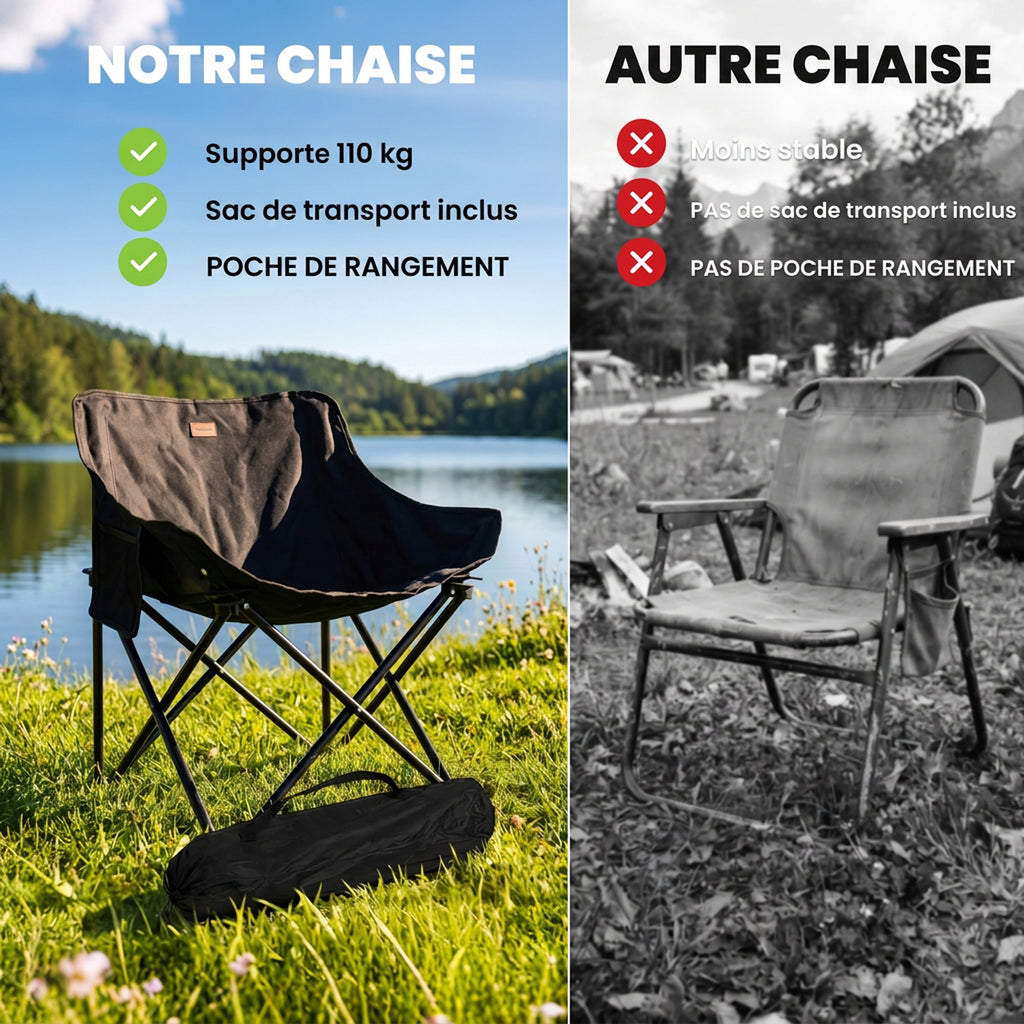 Chaise de camping pliable avec sac de transport et pochette latérale compact ultra légère noir-6