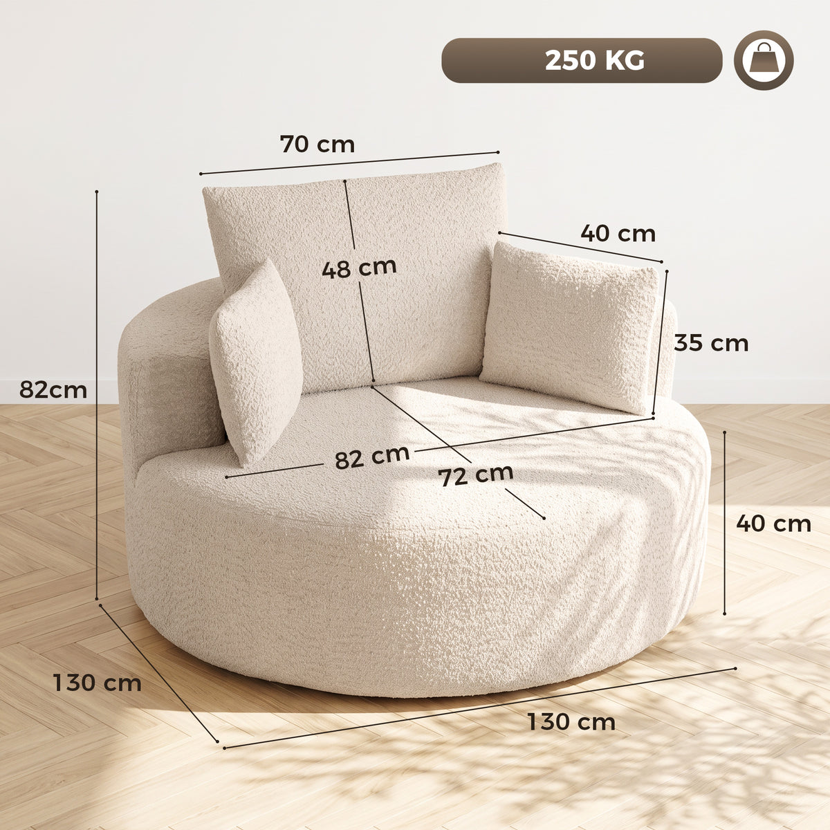 Pouf Canapé Rond en Chenille, Grande Assise, 2 Coussins, 1 Dossier, 1 Traversin, Charge 250kg, 130x130x82cm, Crème-2