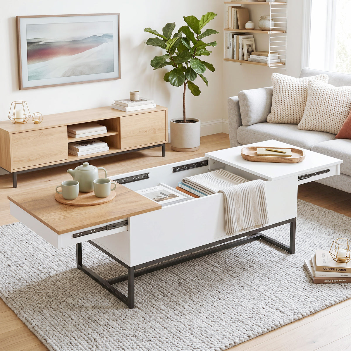 Table Basse Extensible avec Plateau Coulissant, Table de Salon avec Rangement Caché et Pieds en Acier, Blanc-1