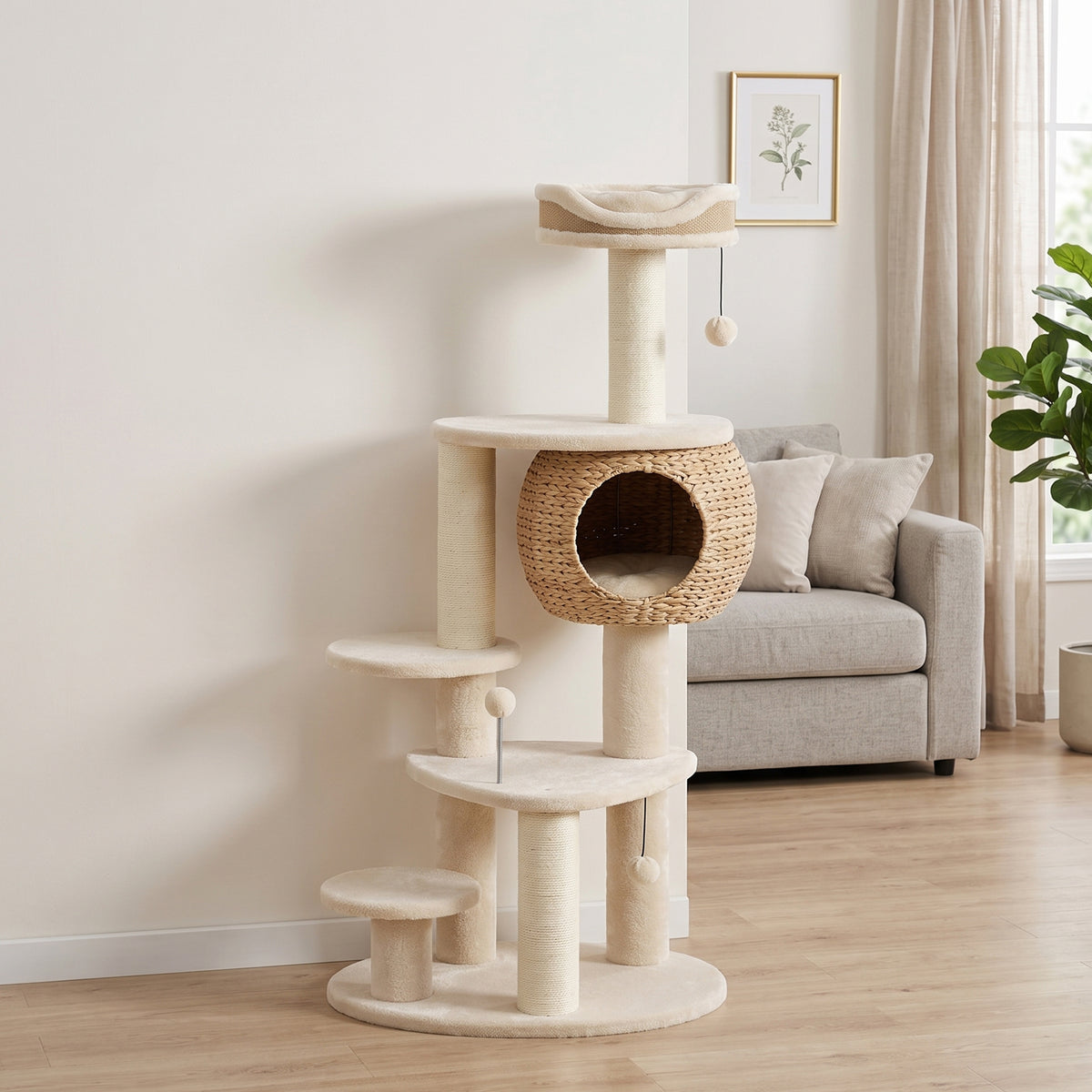 Arbre à Chat Tour pour Chat en Rotin Design 4 Niveaux avec Niche Quenouille Panier Jute et Coussin 132cm Beige-1