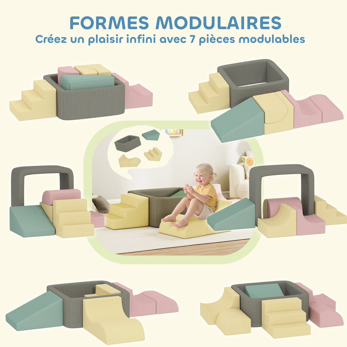Parcours motricité bébé modulable en mousse 7 pièces housse lavable en velours côtelé 174 x 174 x 30 cm multicolore-3