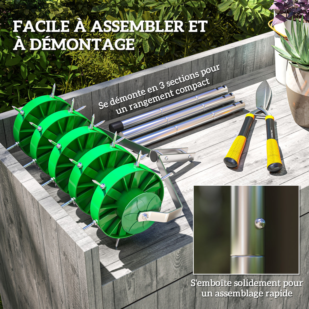 Rouleau aérateur de pelouse avec poignée amovible en 3 pièces, aérateur de gazon manuel, 45 x 21 x 140 cm vert foncé-4