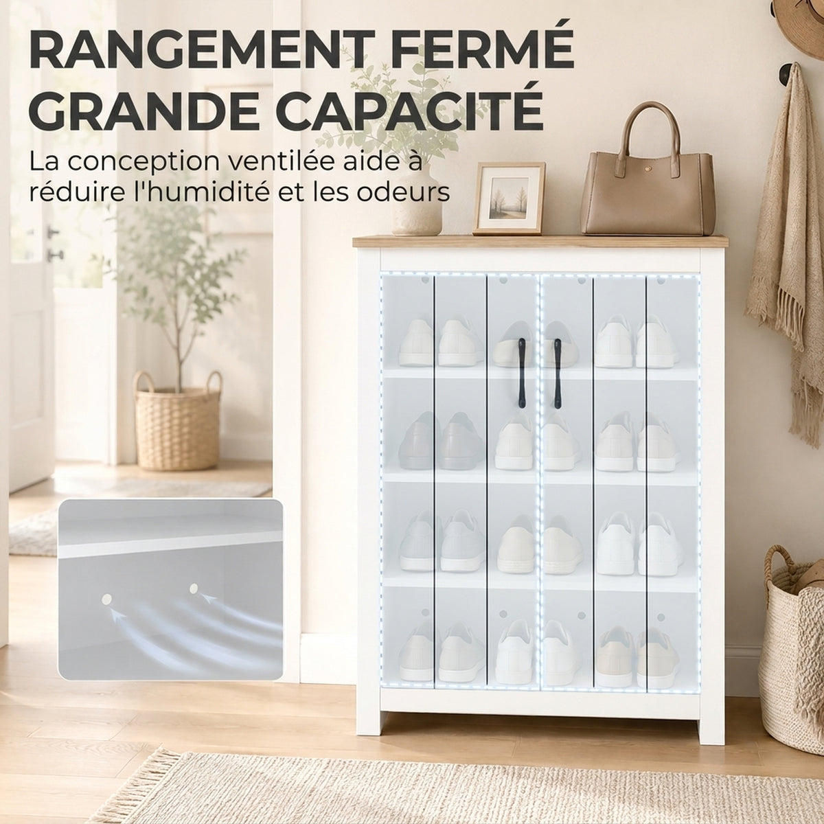 Meuble à Chaussures 4 Niveaux 12 Paires Armoire à Chaussures 2 Portes et Étagères Réglables 80x32,8x105cm Chêne et Blanc-3