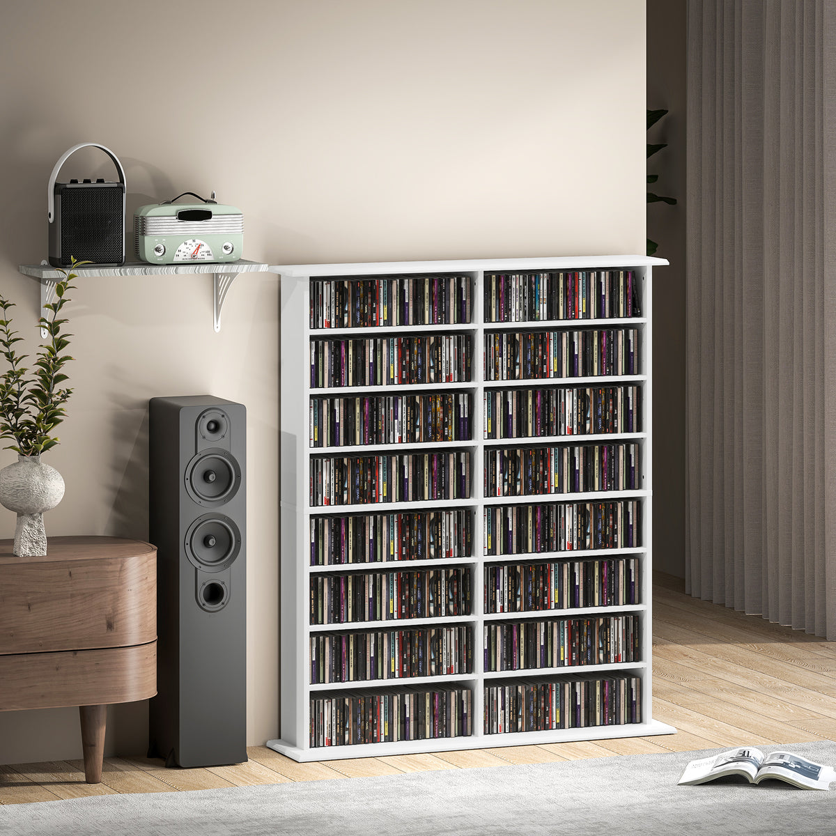 Rangements pour CD et DVD avec 16 compartiments et 12 étagères réglables, capacité max. 720 CD/396 DVD et Blu-ray, blanc-8