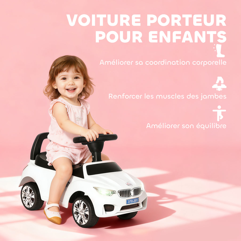 Porteur enfants voiture, véhicule à pousser avec coffre à jouets, klaxon, phares et musique, 63,5 x 28 x 36 cm, blanc-3