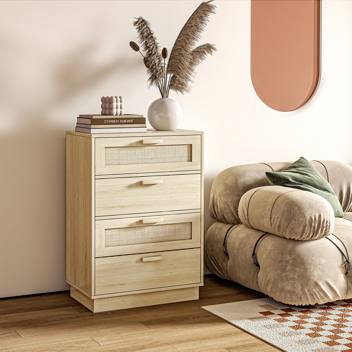 Commode design bohème en rotin avec 4 tiroirs, meuble de rangement pour le salon, le couloir, l'entrée, bois naturel-1