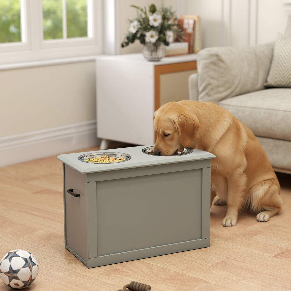 Gamelles chiens surélevées gamelle double chien chat Porte-gamelles surélevé dim. 60L x 30l x 41H cm 2 gamelles 2L poignées coffre bois gris-1