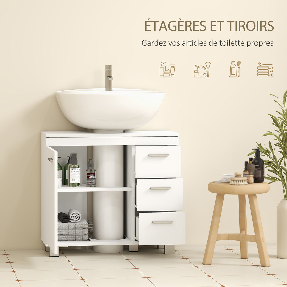 Meuble sous lavabo, meuble de salle de bain avec 3 tiroirs et porte à fermeture amortie, 70 x 30 x 64 cm, blanc-4