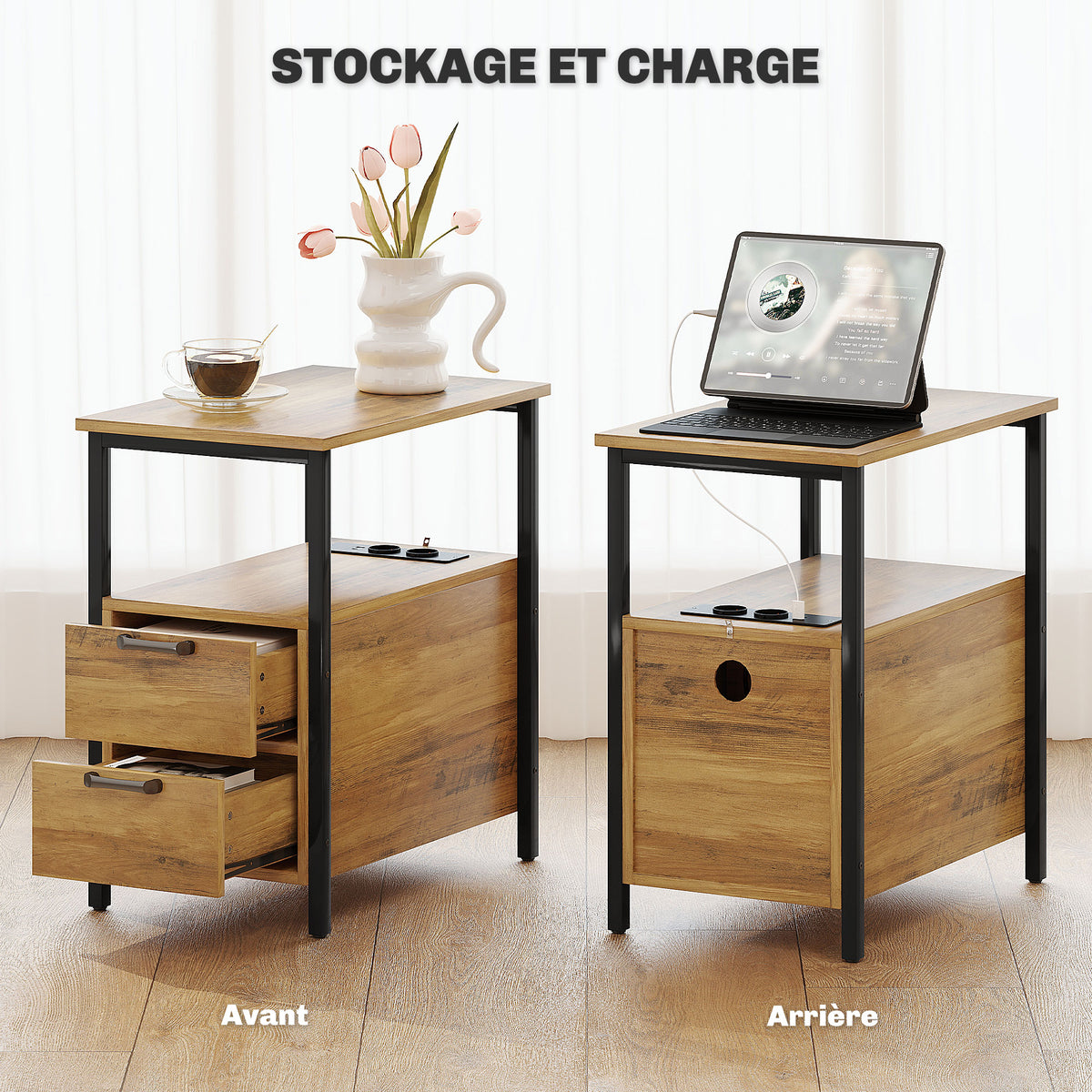 Table d'appoint table de chevet avec 2 prises port USB 1 prise type C câble de 143 cm tiroirs et étagère bois naturel-3
