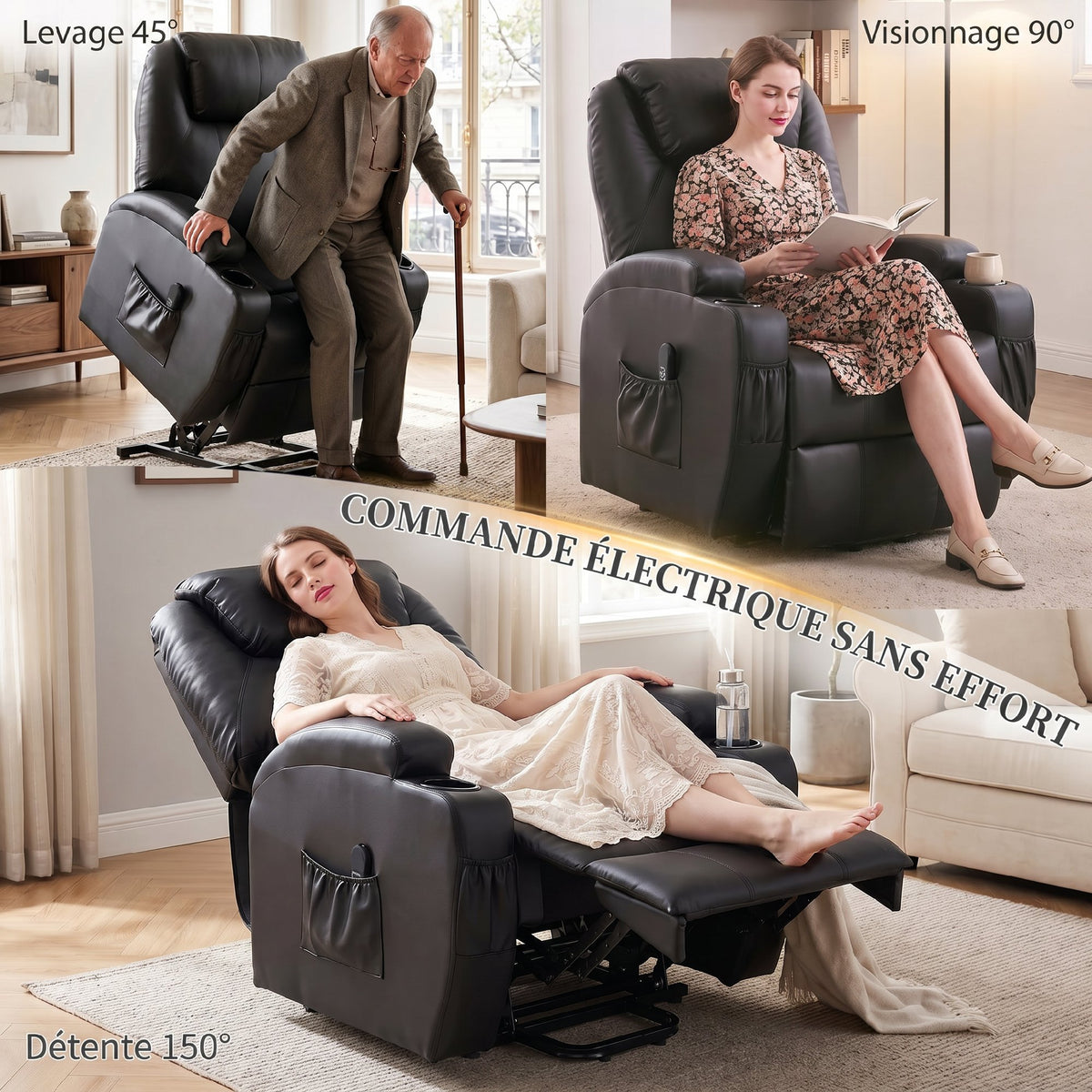 Fauteuil releveur électrique, fauteuil relax électrique, repose-pied, dossier inclinable, port USB, 83x95x107cm, noir-3