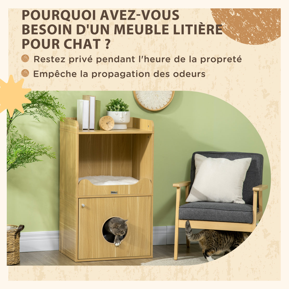Maison de toilette pour chat meuble litière chat 3 niveaux compartiment fermé par une porte 1 coussin 60 x 45 x 103 cm-6