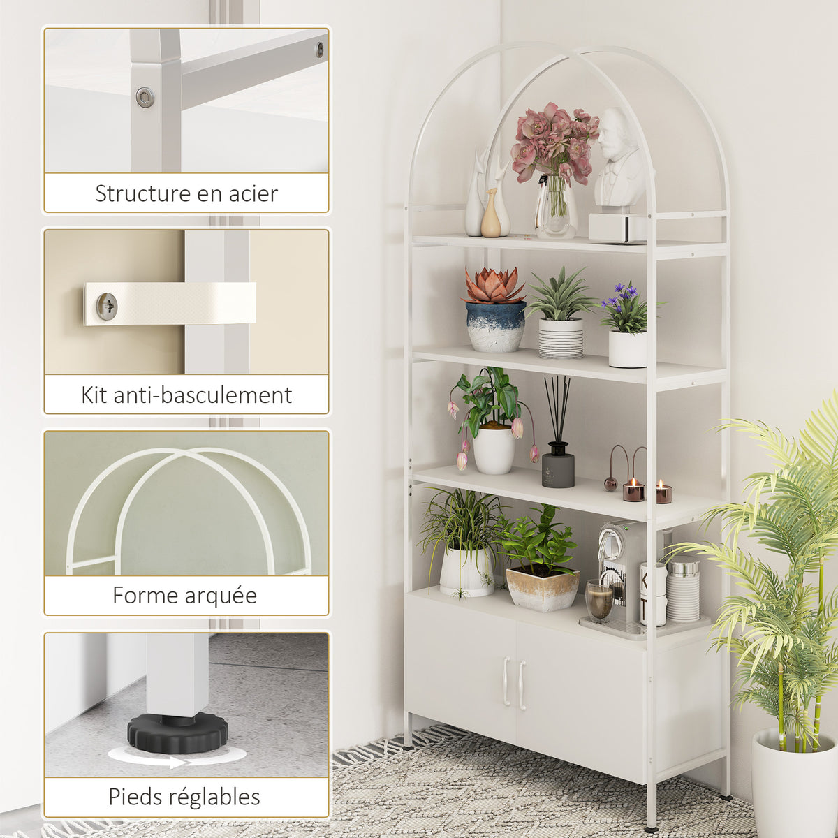 Étagère de rangement, bibliothèque arquée à 4 niveaux avec placard double porte, 80 x 30 x 187 cm, blanc-4