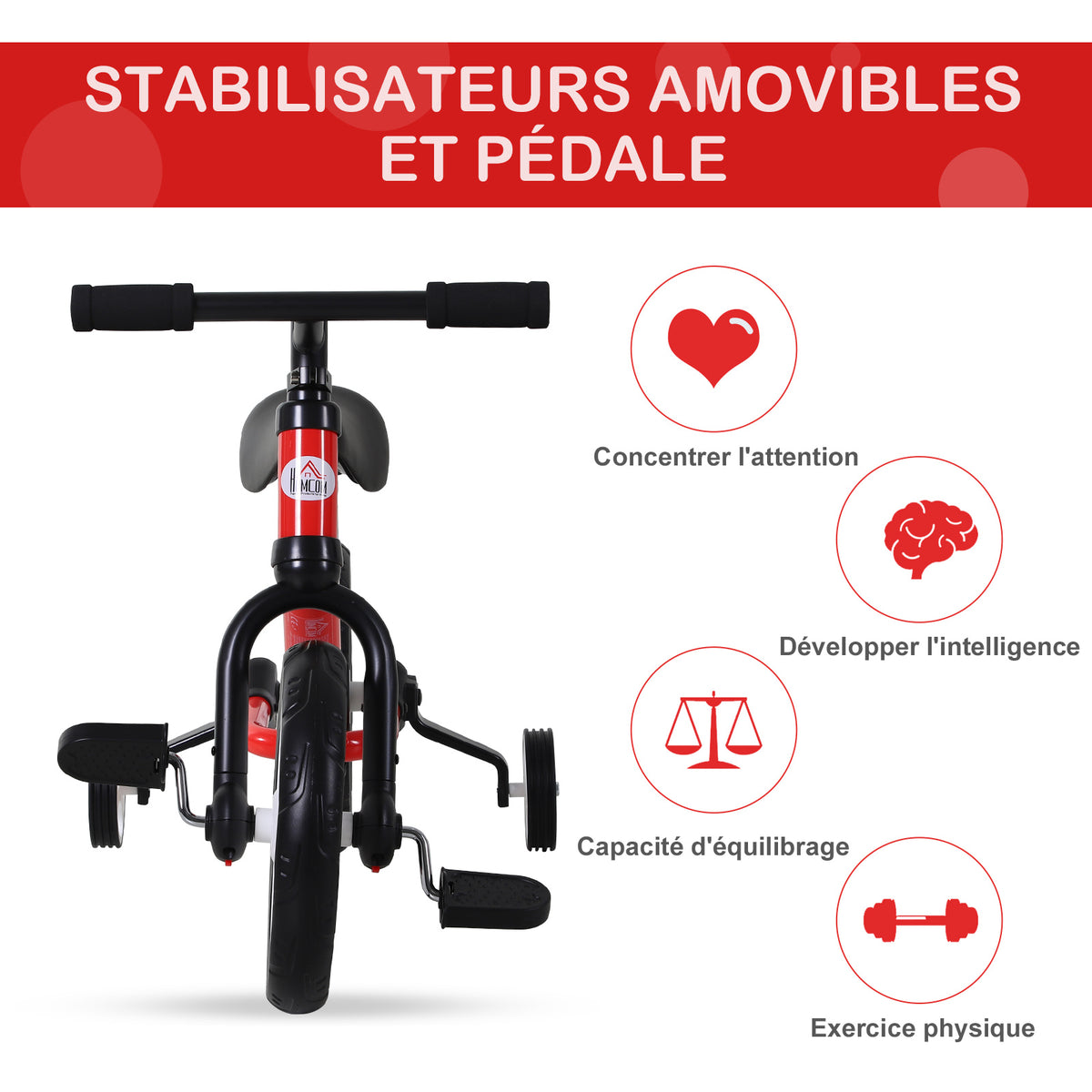 Vélo Enfant draisienne 2 en 1 roulettes et pédales Amovibles Roues 12" Hauteur Selle réglable pour enfants de 2 à 5 ans Acier Rouge-5