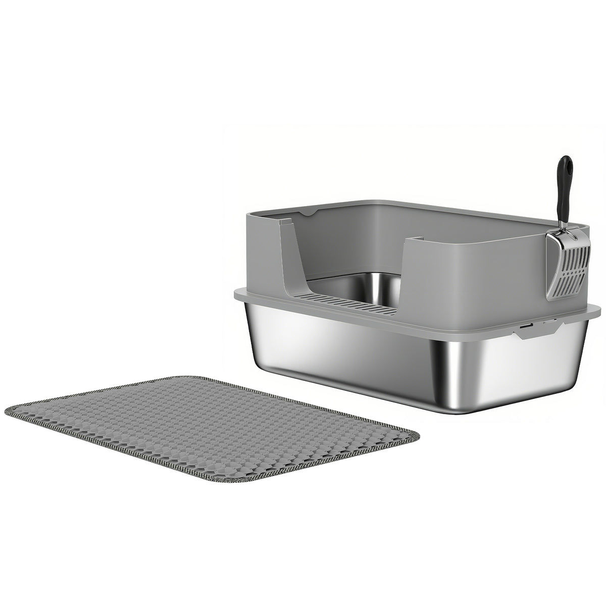 Bac à litière XL en acier inoxydable, maison de toilette pour grand chat, nettoyage facile 60,2 x 40,2 x 29,5 cm, gris-0