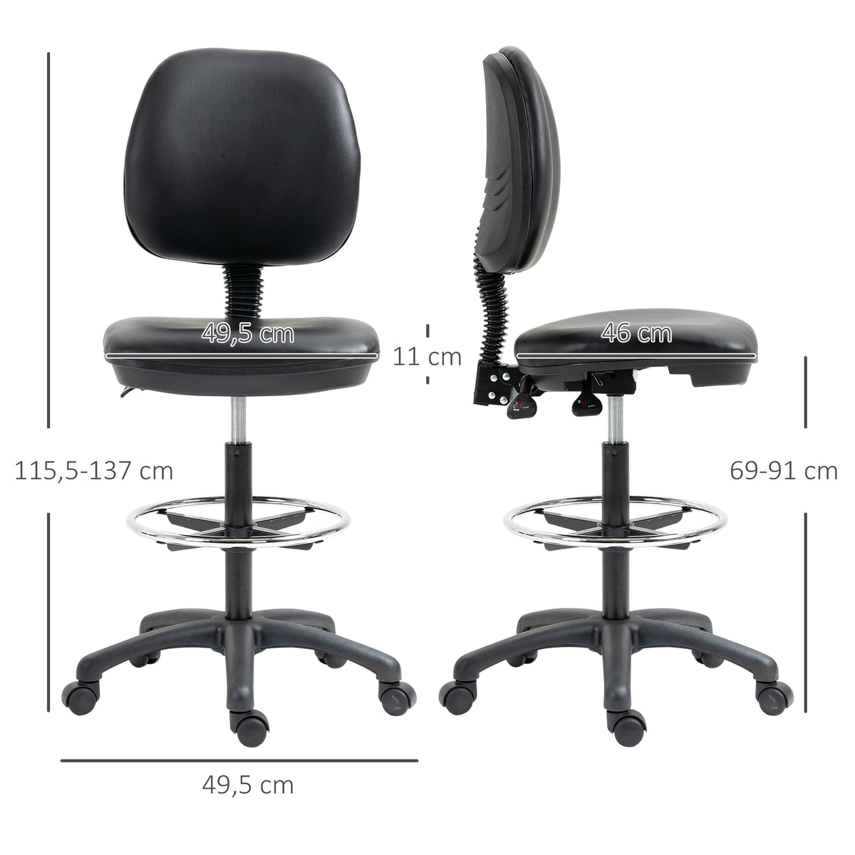 Lot de 2 tabourets à roulettes réglable en hauteur 69-91 cm avec dossier inclinable et repose-pieds réglable-2