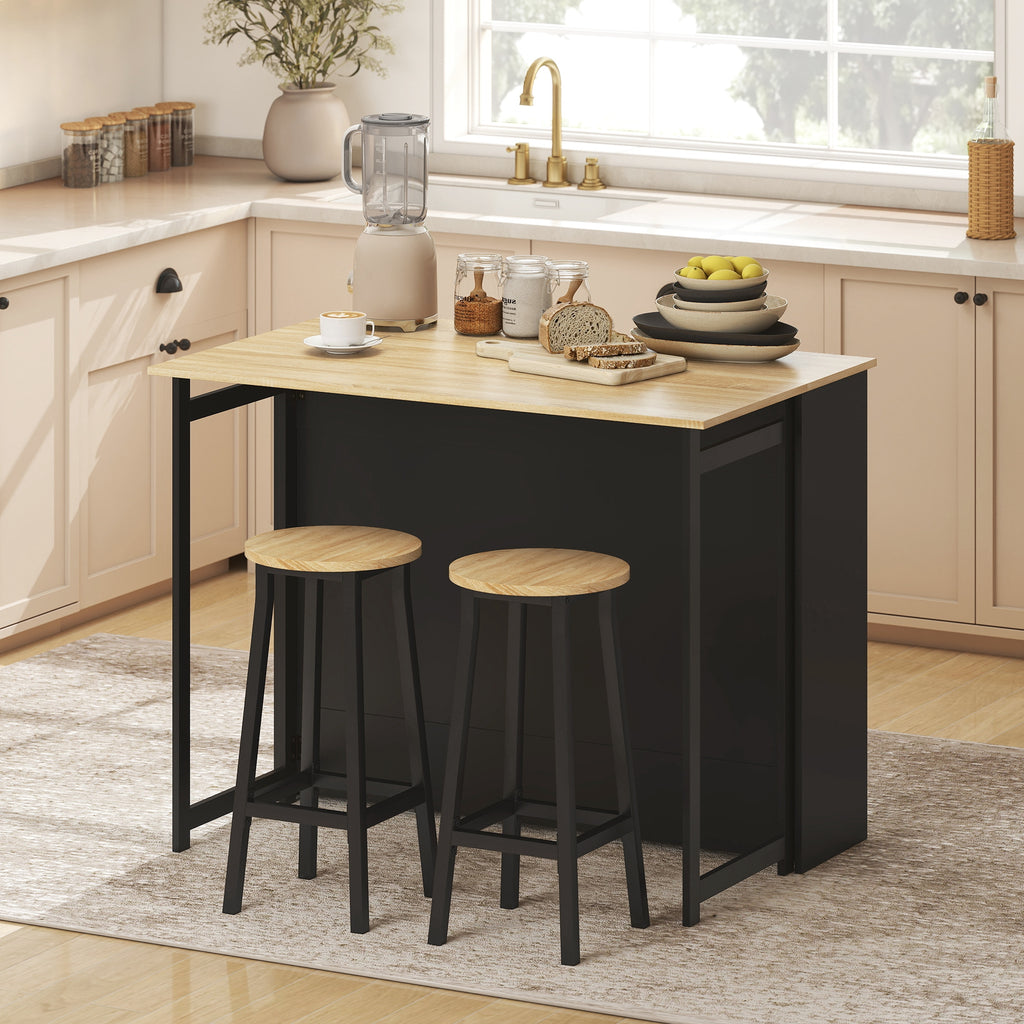 Table de bar extensible avec abattant, table haute cuisine, 1 placard et 4 compartiments ouverts, 116x79,6x90,5cm, noir-9