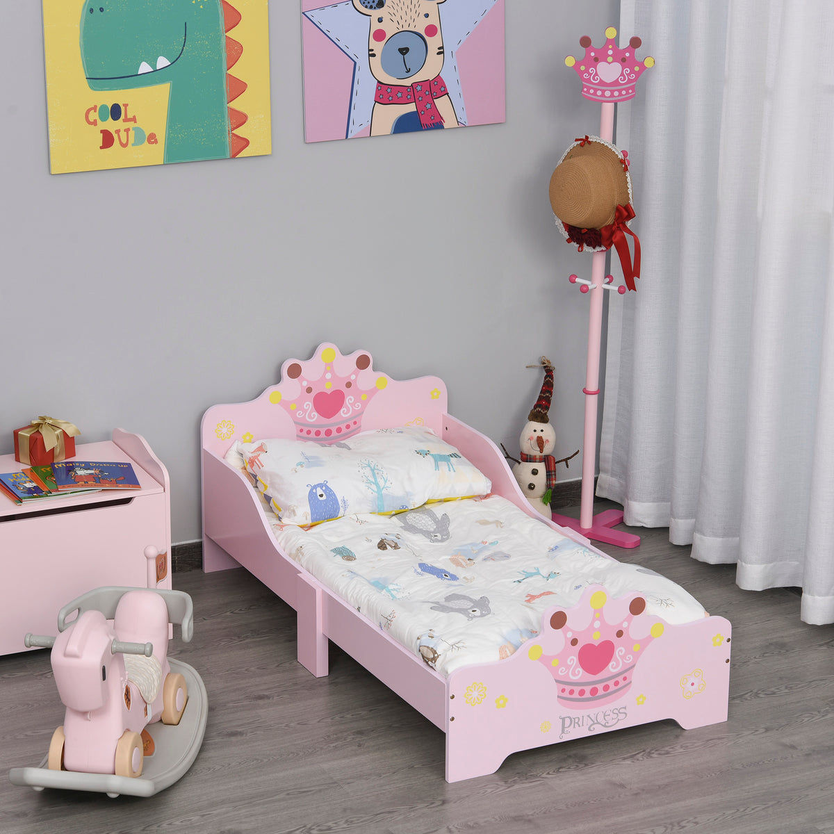Lit Enfant 140 x 70 cm - lit d'enfant Design Princesse Motif Couronne - sommier à Lattes Inclus - MDF Contre-plaqué Rose-1