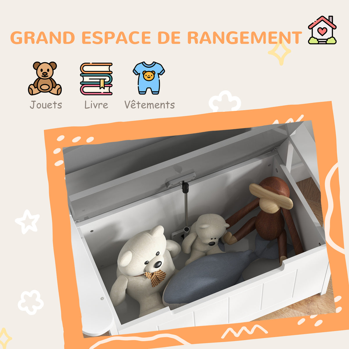 Coffre à jouets pour enfants 2 en 1 et banc avec dossier et accoudoirs - vérin pneumatique 68,5L x 34l x 58H cm-6