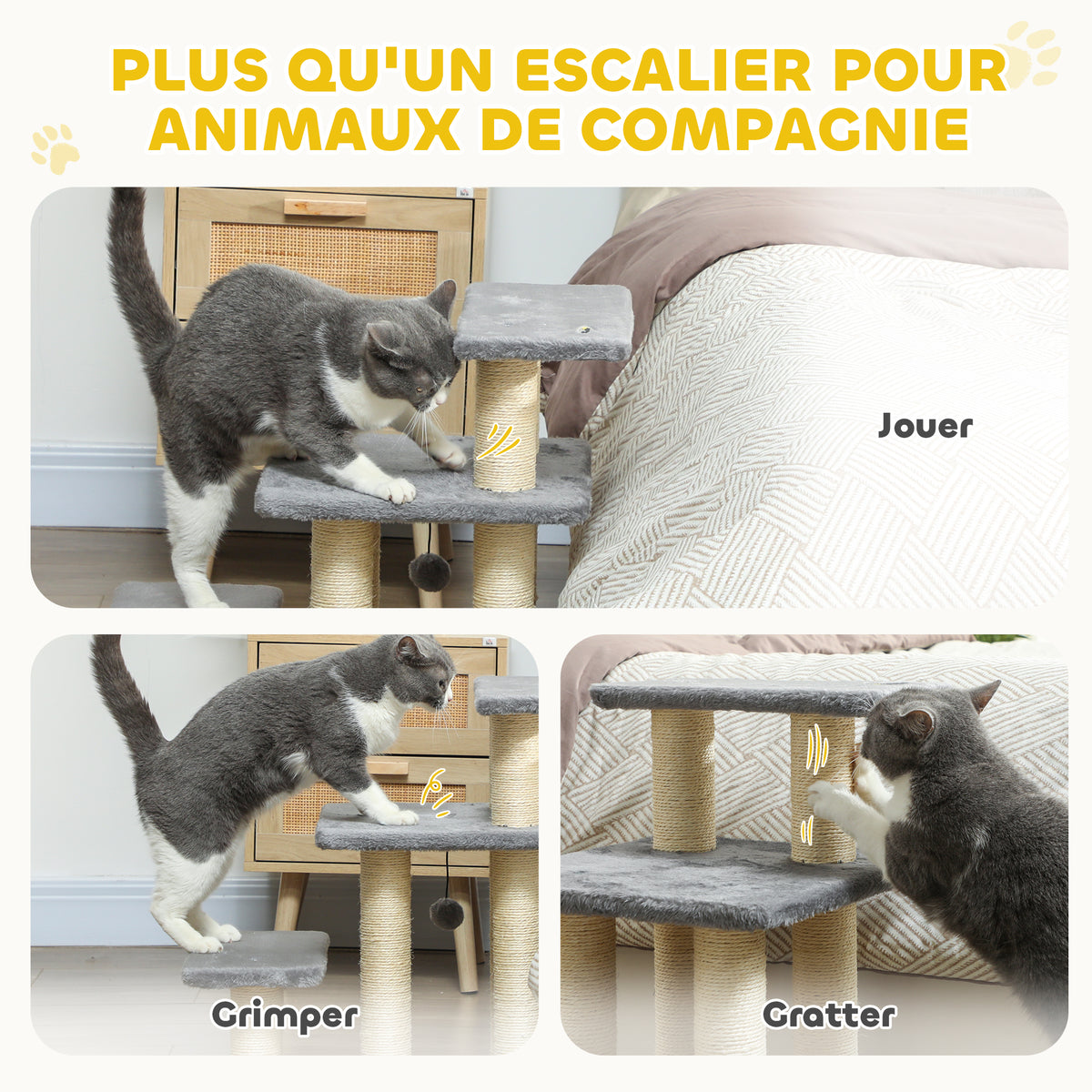 Escalier pour animaux domestiques réglable 3 marches échelle pour chat chien griffoirs en sisal balle 52x34,5x54cm gris-5