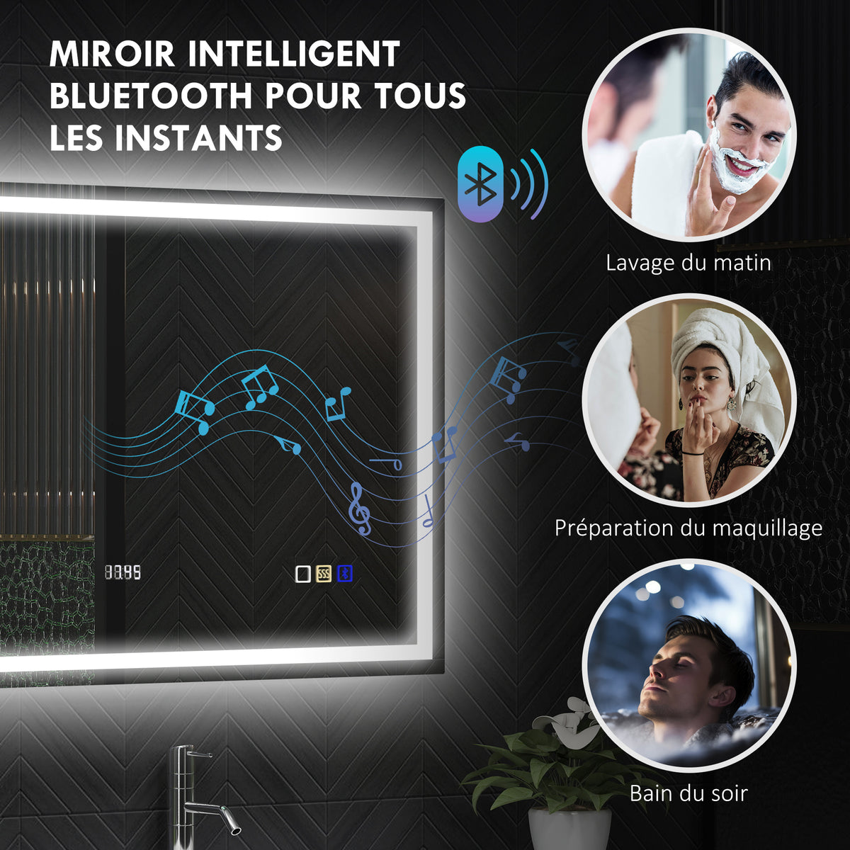 Miroir salle de bain LED bluetooth 80 x 100 cm interrupteur tactile lumière réglable 3 couleurs anti-buée mémoire argent-4
