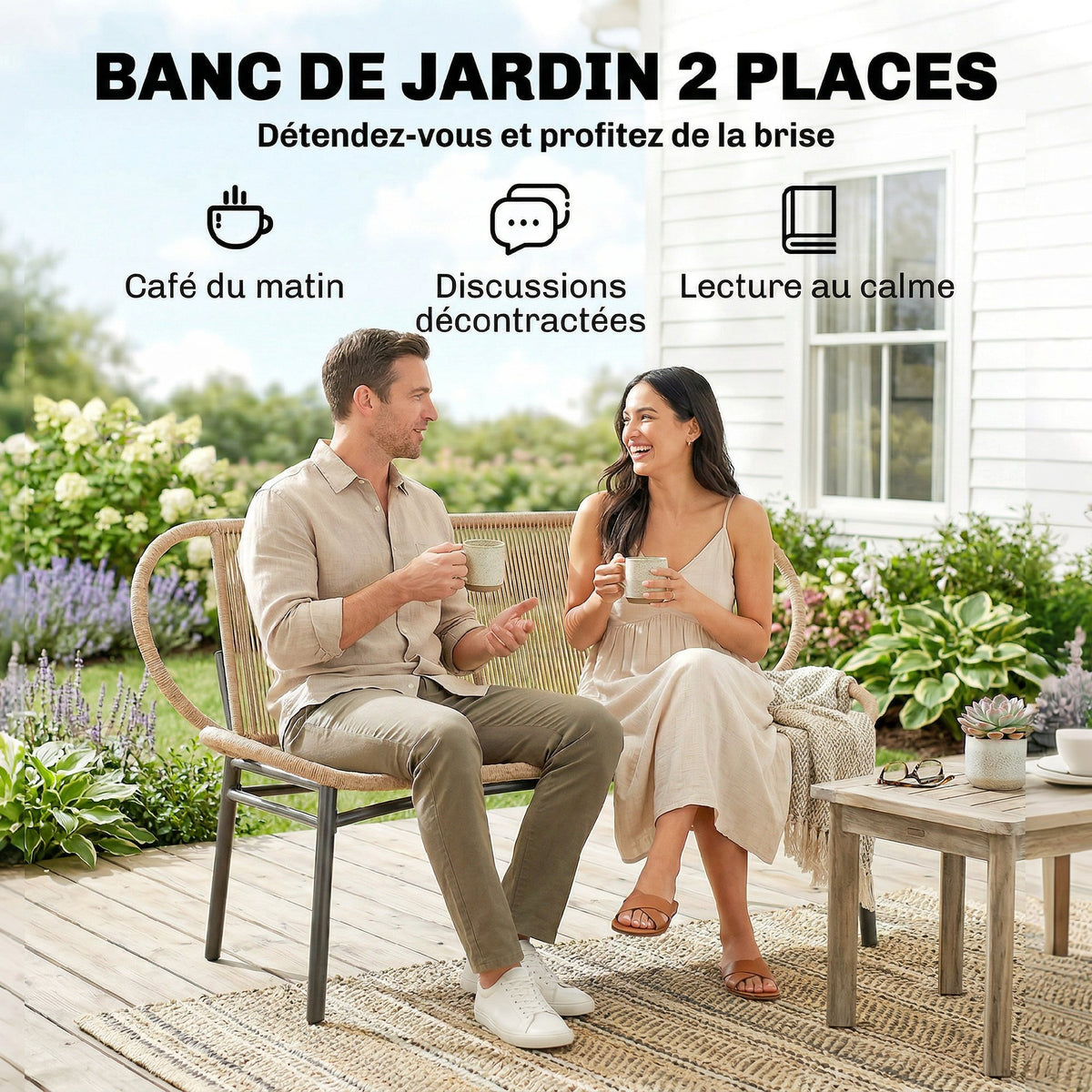 Banc de jardin 2 places, banc d'extérieur en résine tressée avec cadre en métal, résistant aux intempéries, naturel-3
