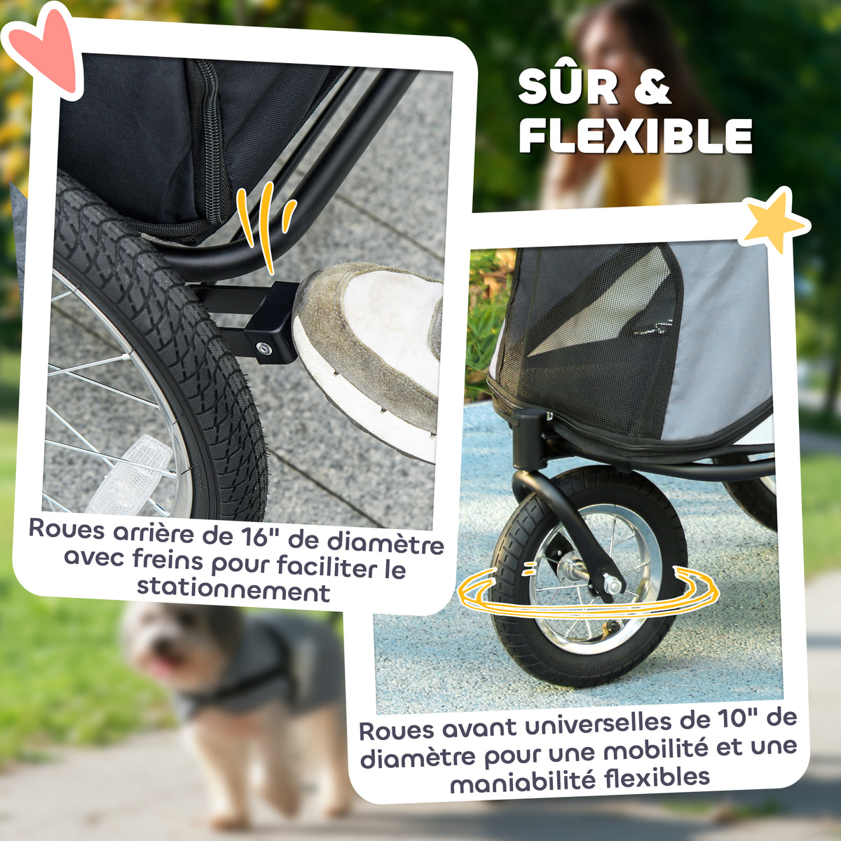 Poussette pour chien 3 roues avec pliage facile, sac de rangement, coussin souple, laisse de sécurité, gris-4