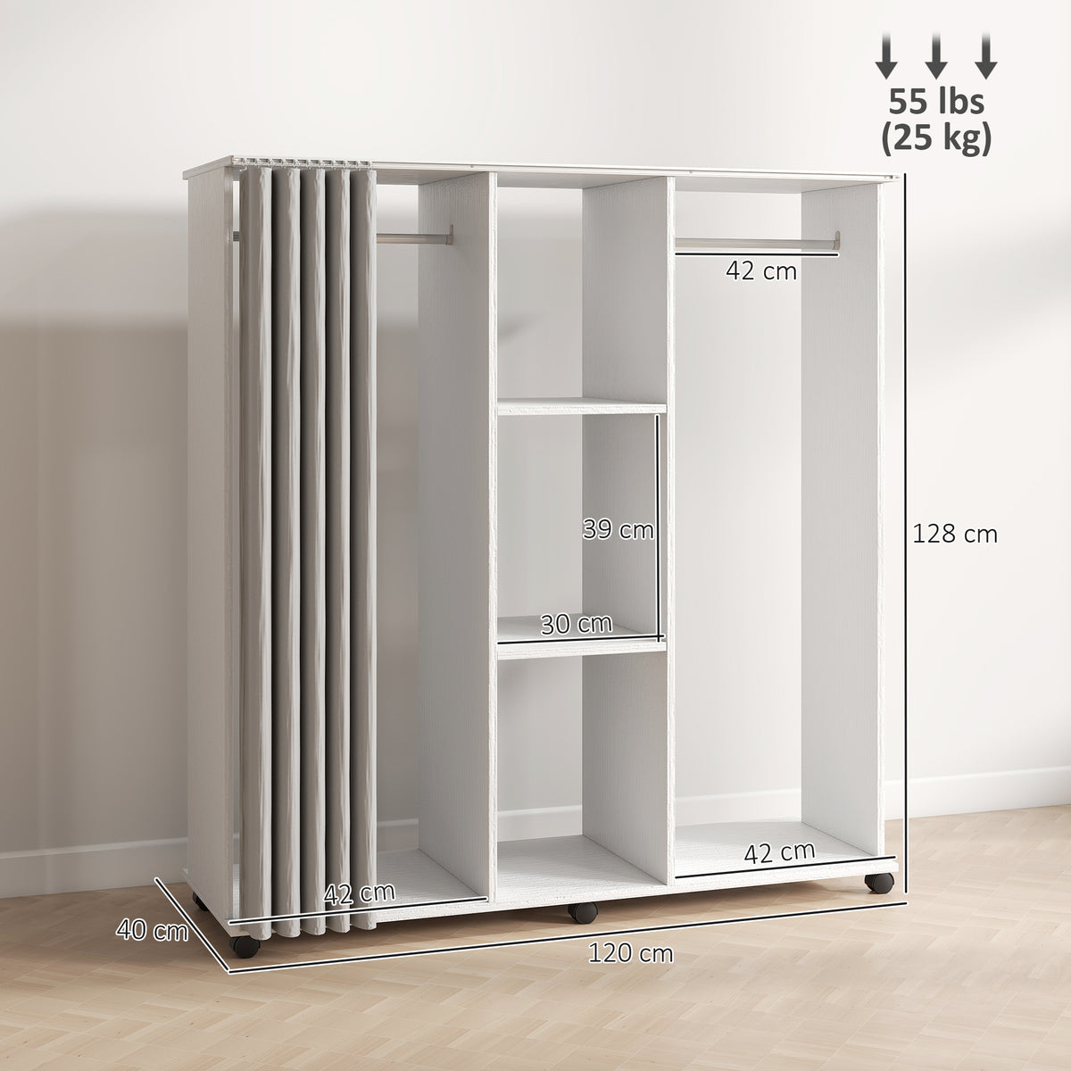 Armoire penderie Meuble de Rangement Mobile 6 roulettes 120L x 40l x 128H cm en bois blanc-2