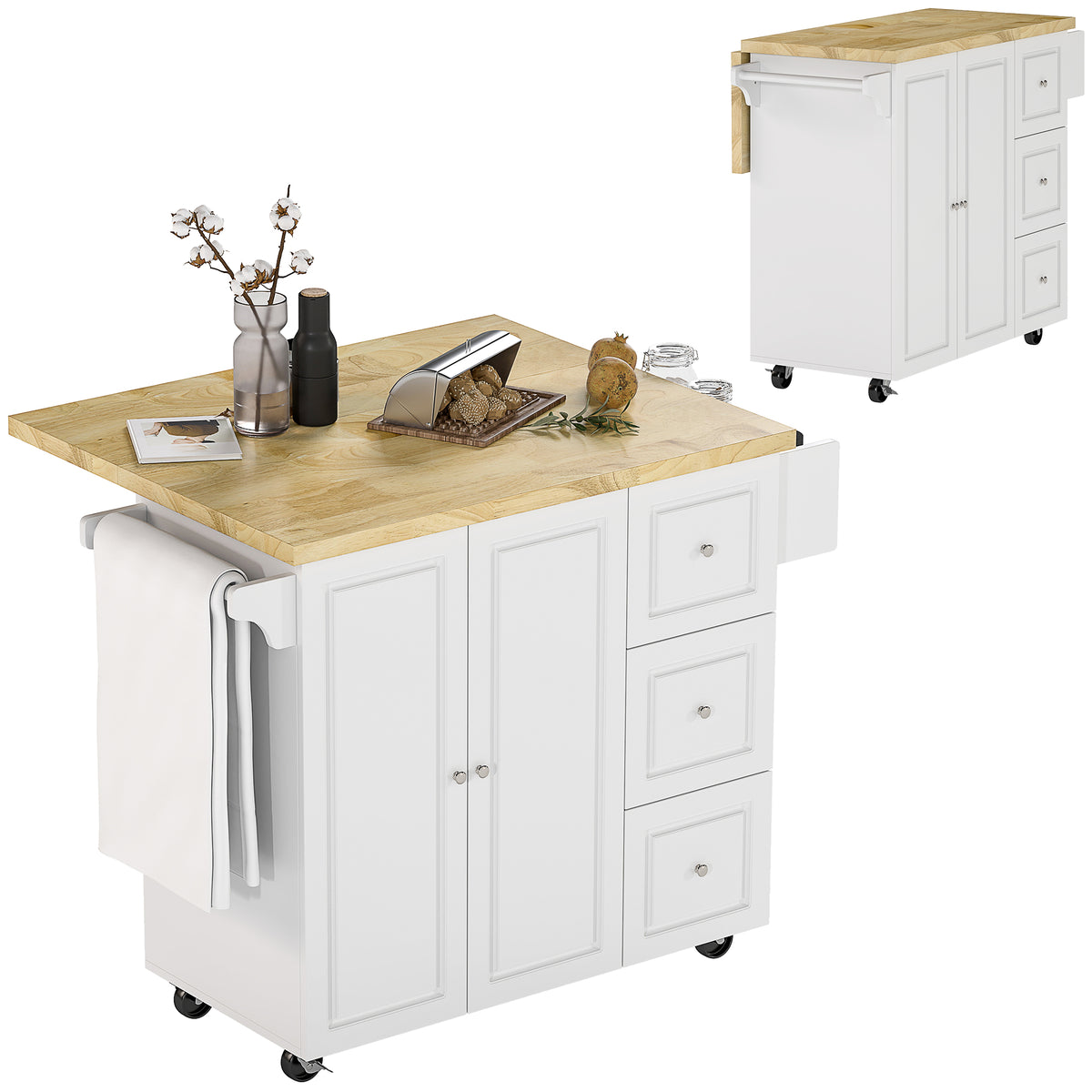 Desserte îlot de cuisineplateau rabattable 3 tiroirs 1 placard porte-torchons et porte-épices 111,5 x 75 x 89 cm blanc-0