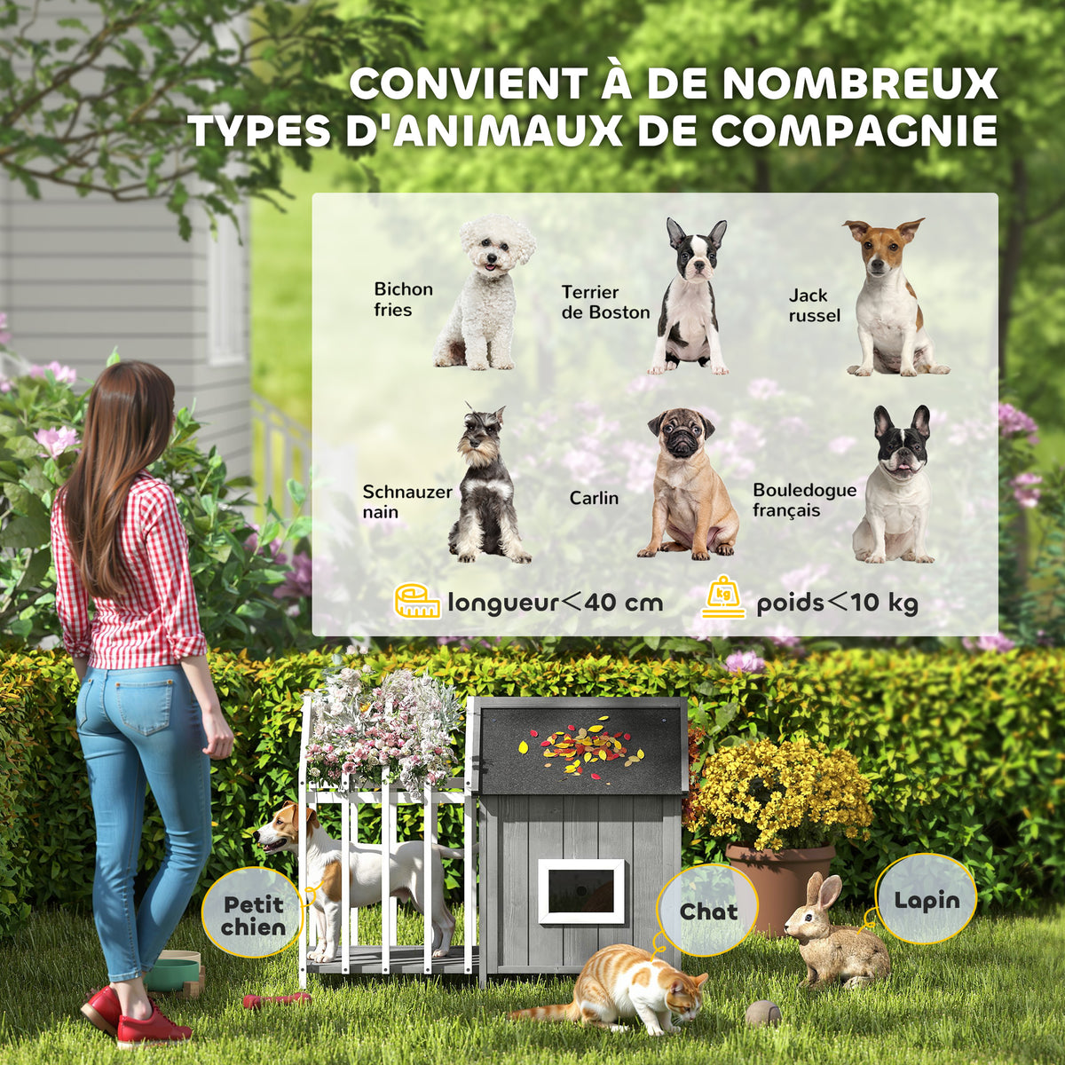 Niche pour chien extérieur en bois maison chien extérieur avec terrasse, porte à lamelles, 106 x 62,5 x 80,5 cm, gris-6