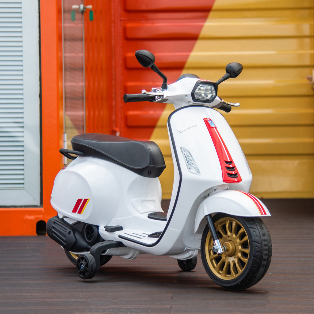 Scooter électrique enfant Vespa 6 V dim. 107L x 47l x 73H cm Musique MP3 Port USB Phare 2 roues d'entraînement - Blanc-9